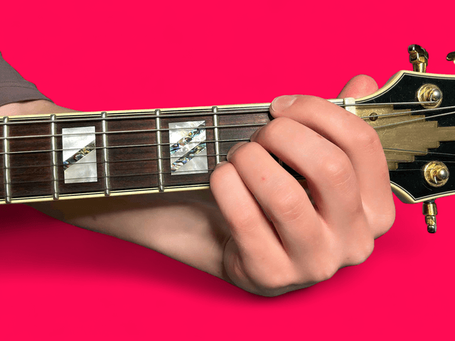 A major over F guitar chord with finger positions